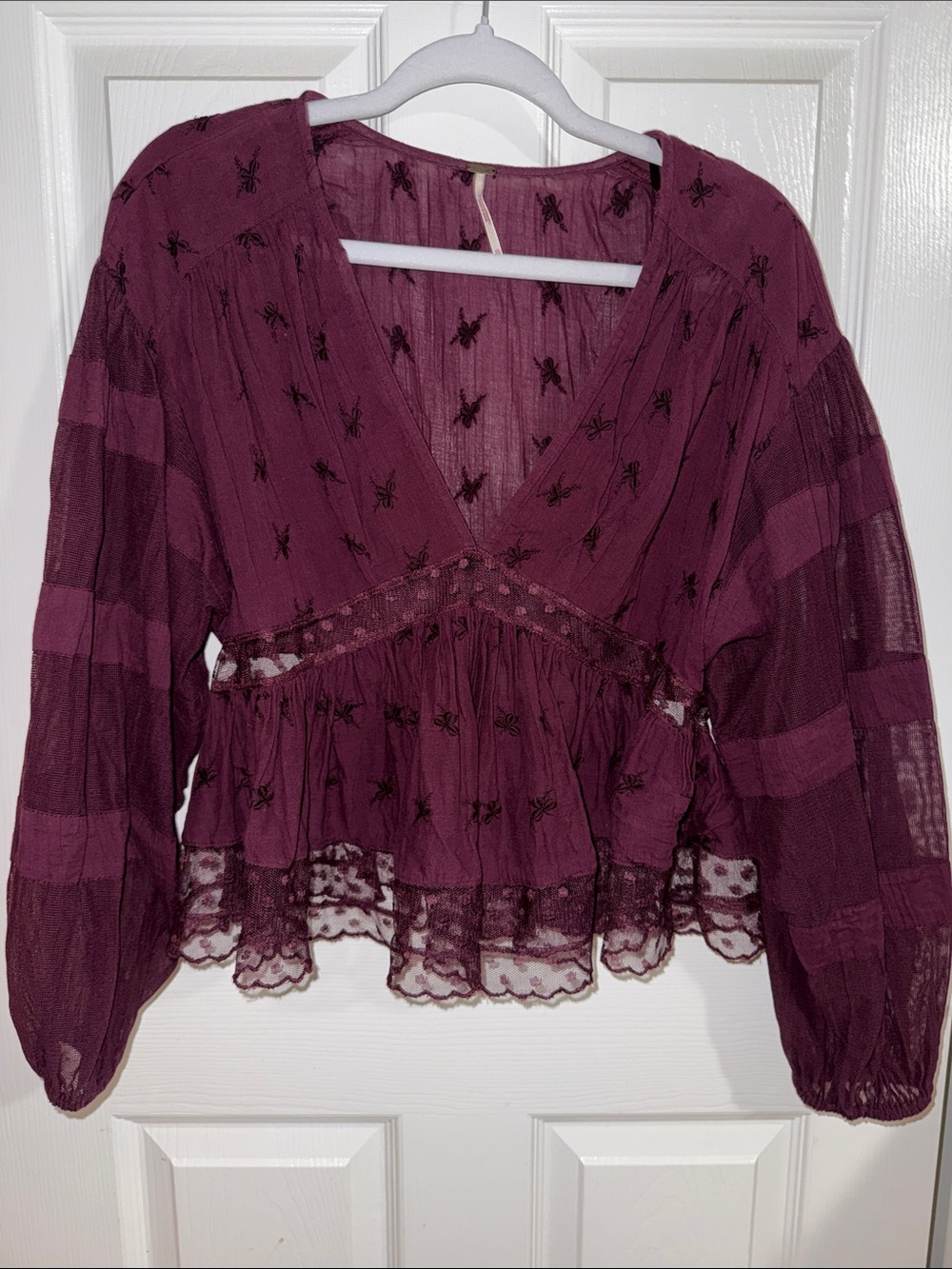 Free People Plum Peplum Embroidered V-Neck Blouse